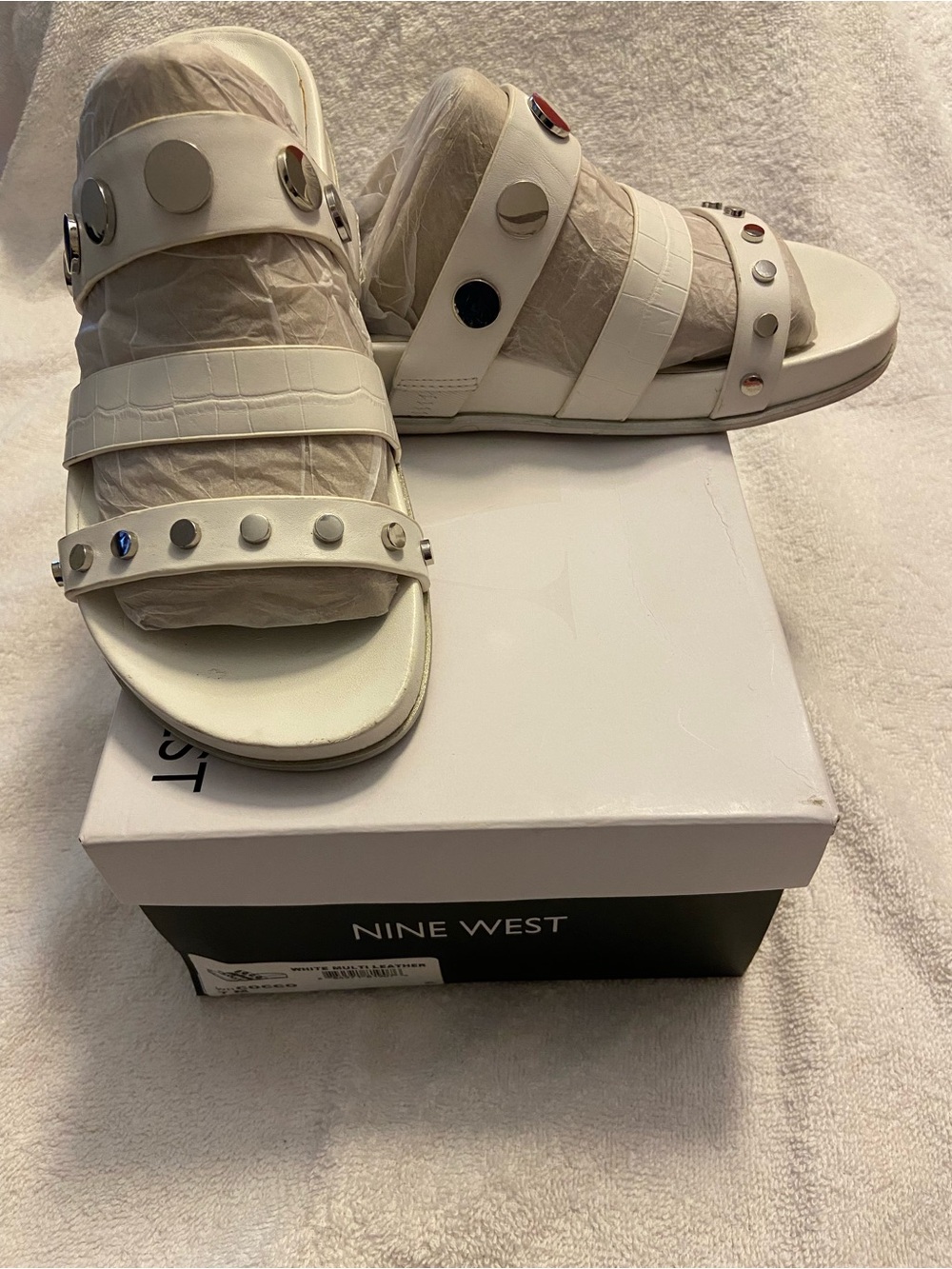 Nine West White Studded Slide Sandals with Metallic Accents